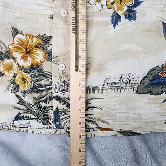 RedHead Hawaiian Shirt Mens L Tropical Floral Tan Blue Palm Trees Short Sleeve - Picture 8 of 9